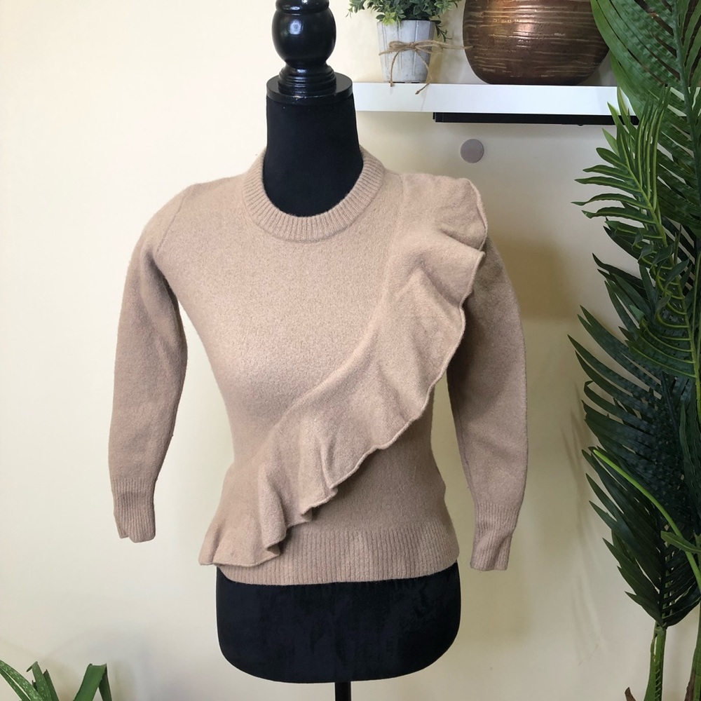 J. Crew Ruffle Front 100% Merino Wool Tan Crewneck Sweater XS